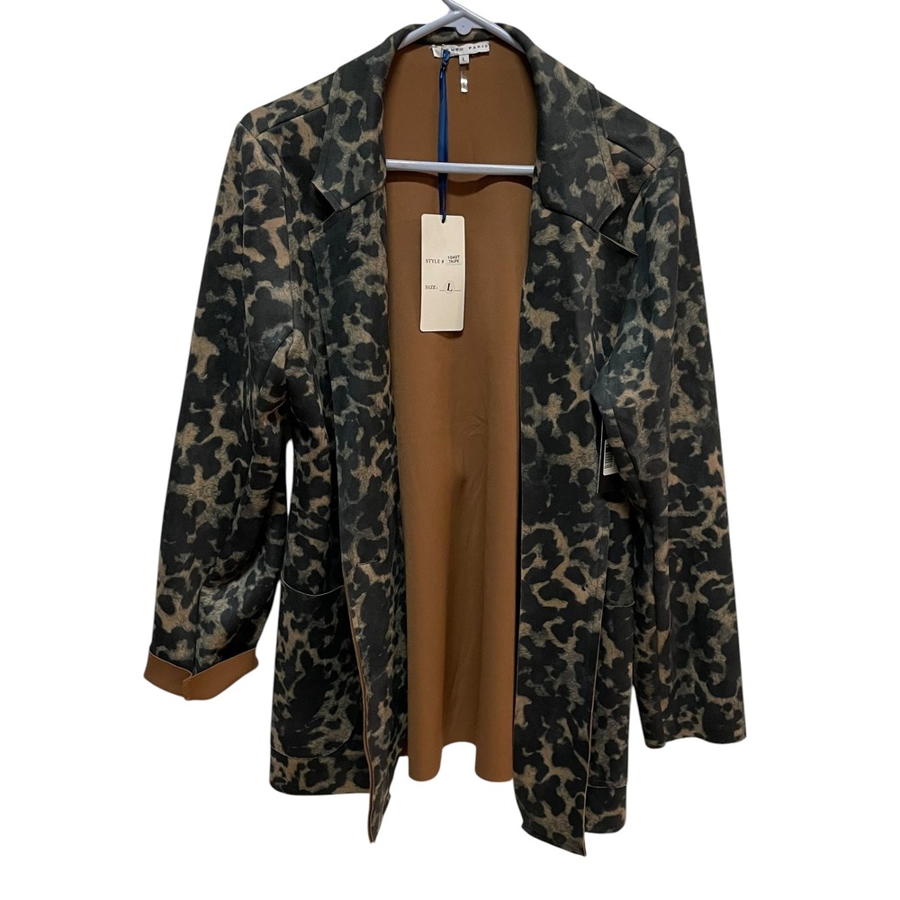 Boutique Animal Print Blazer Open Front Career Casual‎ Jacket Brown Black L
